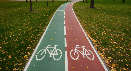 A two-way bicycle lane, colored red and green, running through a park with autumn leaves on the grass. A concept for active lifestyle and urban recreation.
