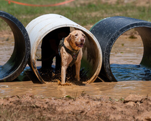 Yellow Labrador Retriever during a mud race
