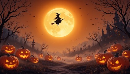 Halloween scene with pumpkins, a witch on a broomstick, and a castle.