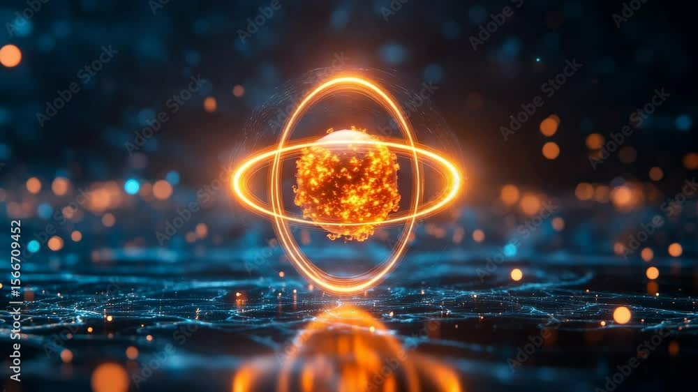 Poster futuristic digital abstract visualization of atomic particles with glowing orb and orbiting lines