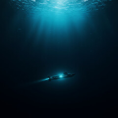 A futuristic submarine explores the dark depths of the ocean, with light rays piercing the water from above. A concept of deep-sea exploration and adventure.
