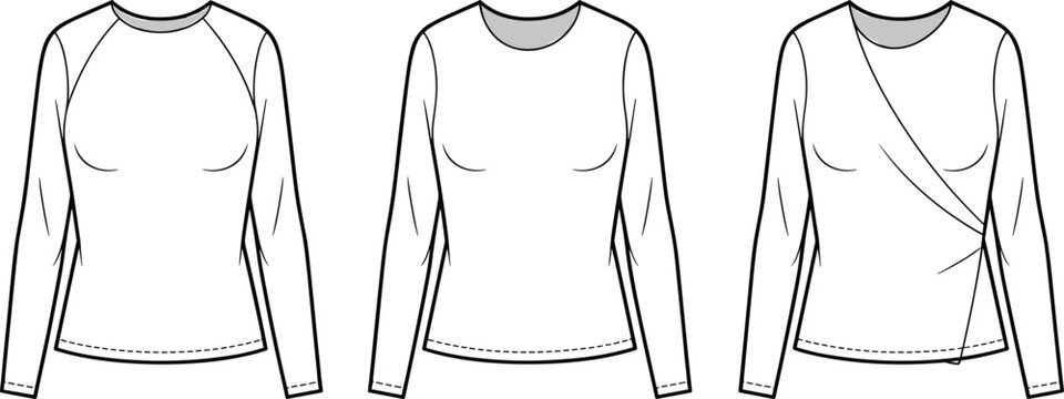 Women's long sleeve top vector, ladies t-shirt template, flat sketch fashion, scoop neck knitwear, technical drawing, front view, design variations, editable
