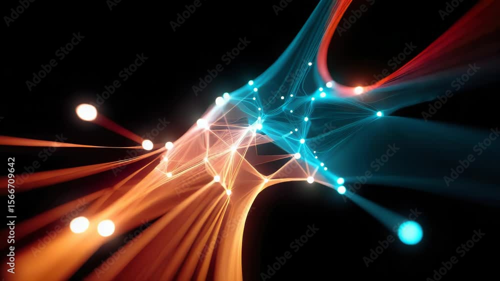 Poster abstract representation of machine learning or neural networks with glowing nodes and connecting thr