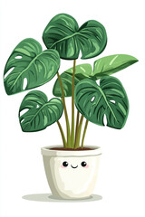 A cute cartoon plant with a smiling face in a pot, set against a soft beige background.