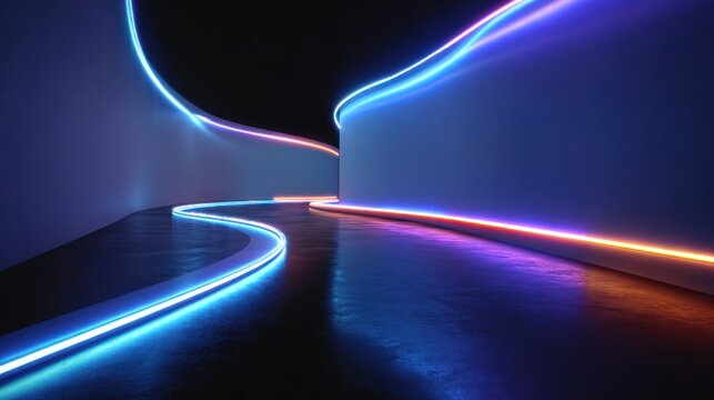 Abstract futuristic neon pathway vibrant blue orange purple lights