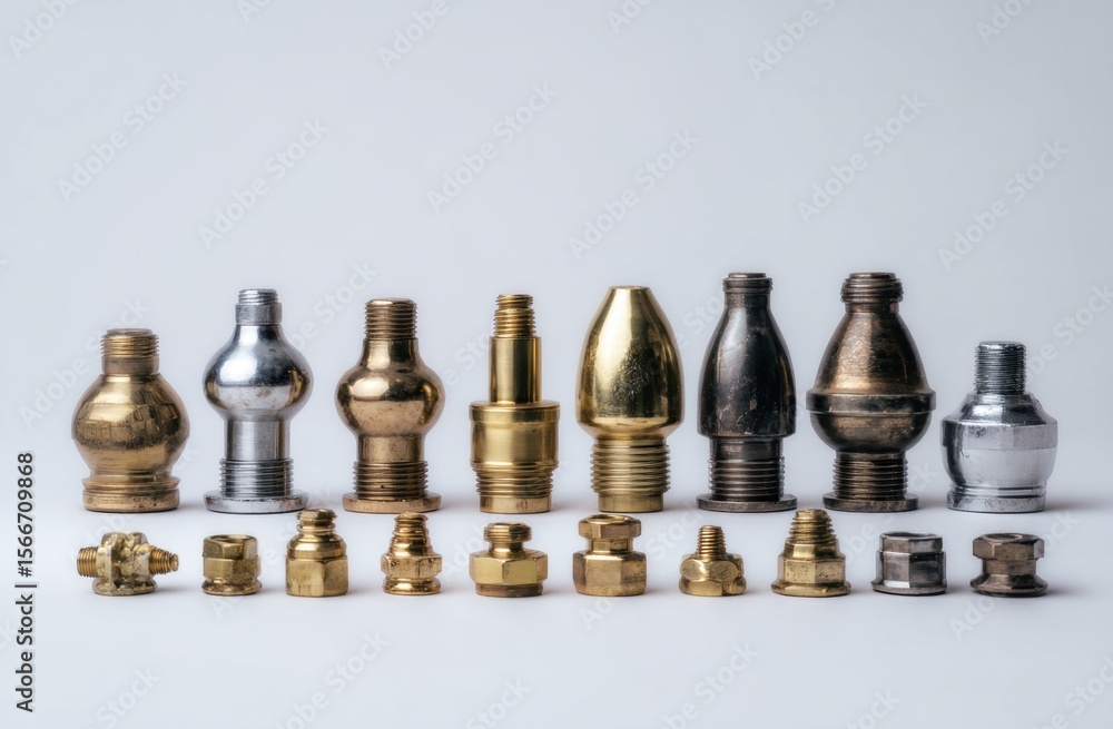 Poster gleaming metal components and fittings arranged in a precise row against a neutral backdrop, showcas