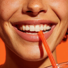 close-up of a cheerful smile with white teeth and a red straw between the lips, capturing a moment of joy, refreshment, and vibrant energy
