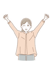 ウインクしながら両手をあげてよろこぶ中高年女性