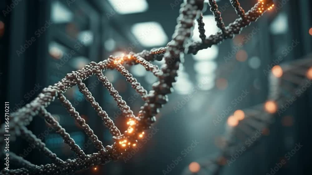 Poster glowing dna helix floating above server racks.