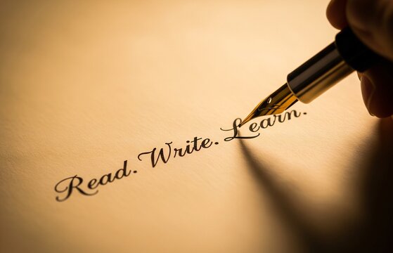 Inspirational message "Read. Write. Learn." written by pencil, highlighting core values of International Literacy Day and lifelong learning
