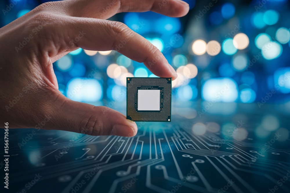 Poster hand holding a microchip over a circuit board with a blurred blue background of bokeh lights behind 