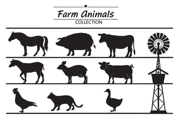 Obraz premium Silhouette illustration of various farm animals, arranged in rows.