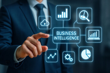 Obraz premium Businessman interacting with a digital interface displaying business intelligence concepts and analytics icons