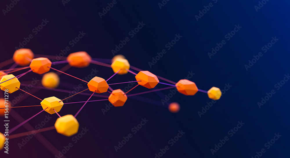 Poster an abstract network of interconnected low-poly nodes on a dark blue background. a concept for techno
