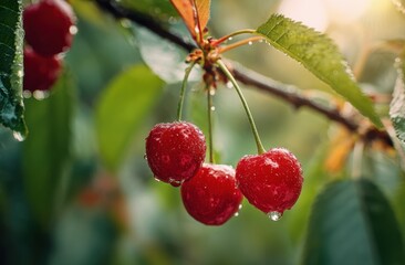 Obraz premium Juicy red cherries glistening with raindrops hang from a branch, bathed in soft sunlight.