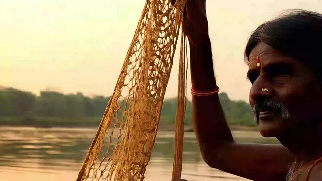 Indian fisherman casting fishing net in river, traditional fish catching