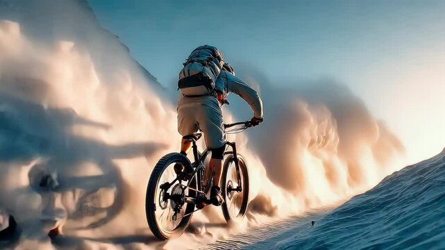 Cyclist riding a fat-tire mountain bike on a snowy forest trail at sunset, capturing a blend of nature and adventure