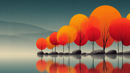 Autumn trees in vibrant hues reflect in the still waters of a serene lake under a tranquil sky.