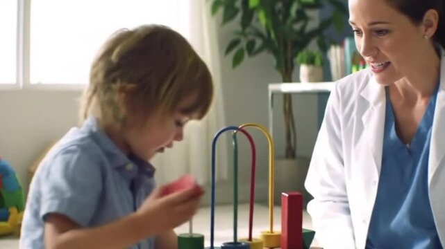 A young child engages with a therapist in a therapy room, focusing on developing fine motor skills through interactive play with colorful toys. The room is cheerful and inviting