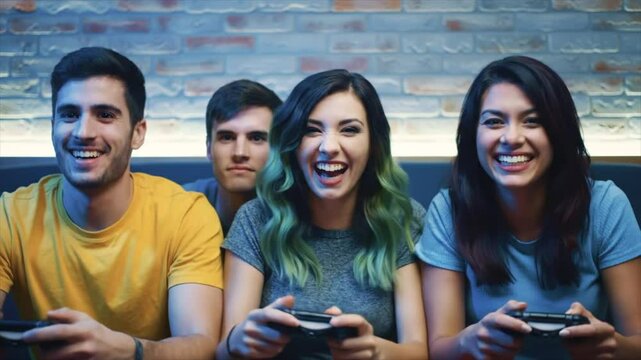 Four friends of mixed ethnicities enjoy an intense gaming session in a cozy room, sharing laughter and competition during their weekend gathering. The atmosphere is lively and fun