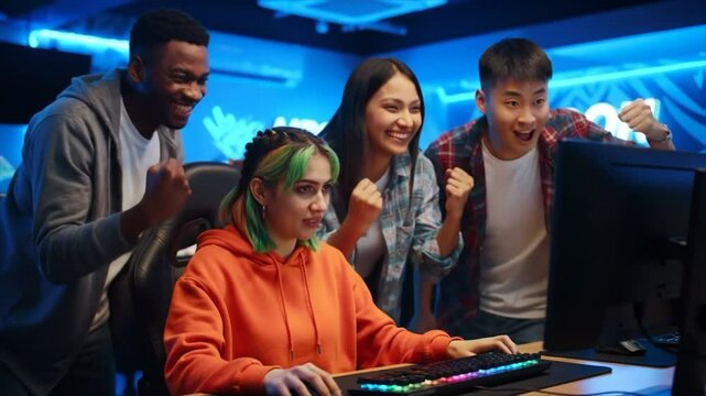 A diverse group of friends gathers at an esports venue, focused on a gaming session. Excitement fills the air as they cheer and support each other while gaming