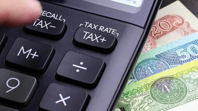 Macro shot of calculator and nepalese rupee (NPR) banknotes. Concept of bank office work, saving money for retirement, cash settlement, financial success, literacy and income planning in Nepal.