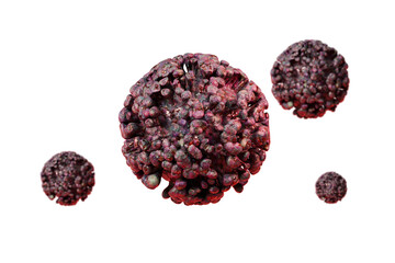 3d Coronavirus particle virus with red spike protein on red surface, close up view of virus...