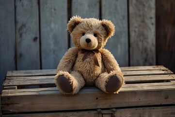 Obraz premium A teddy bear sitting on a wooden crate with a wooden fence in the background on a sunny day outside