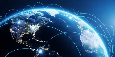 Futuristic World Map with Glowing Communication Lines