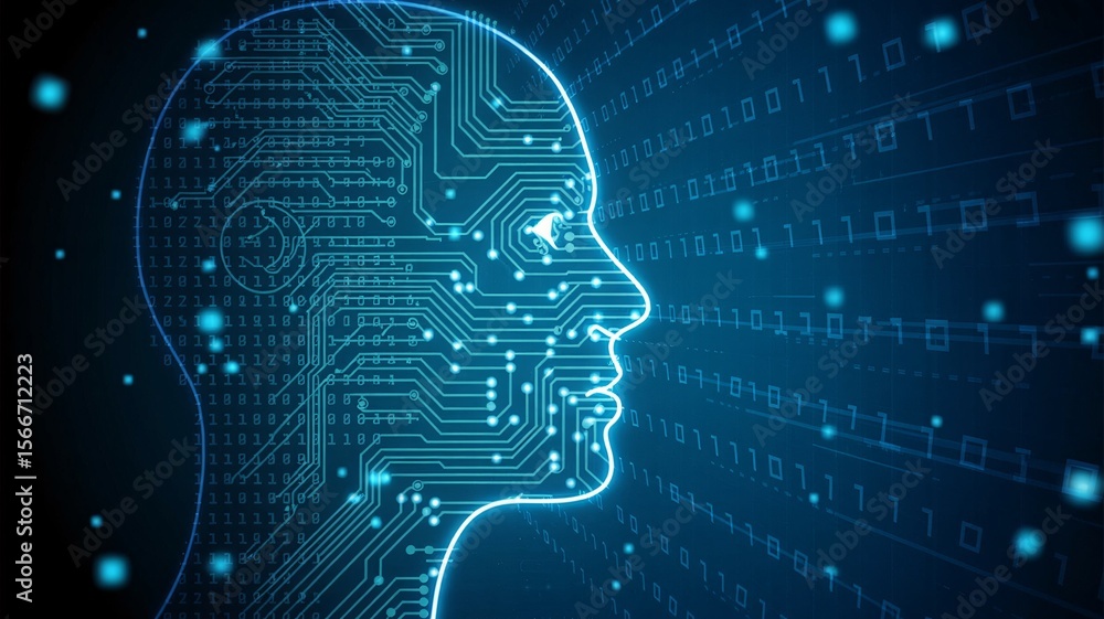 Poster Illuminated human head outline with circuit board pattern and binary code background in blue tones