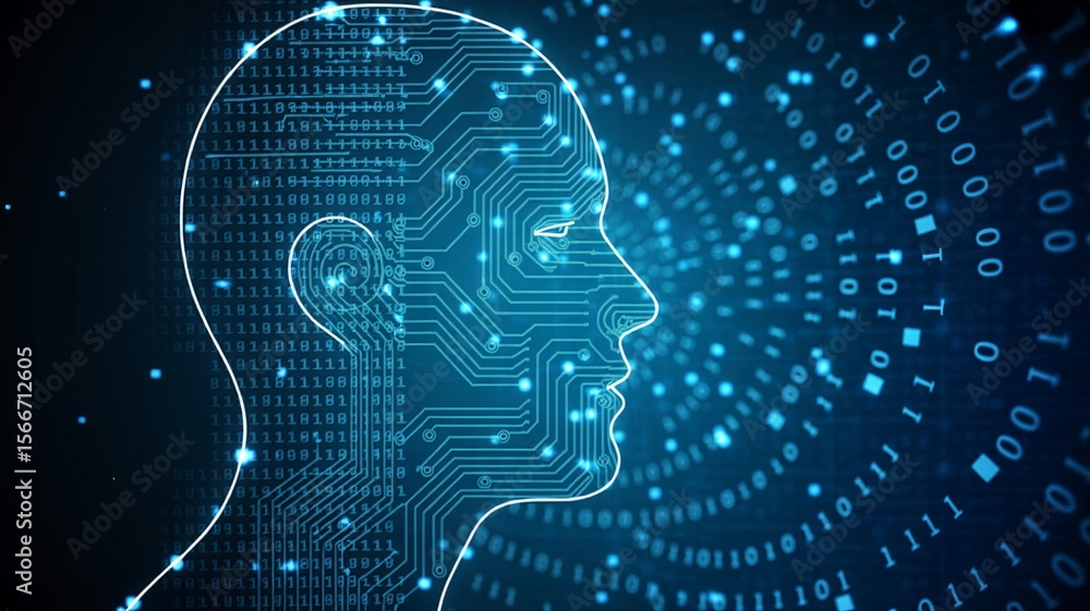 Poster Human head outline with circuit board pattern against binary code background in blue tones