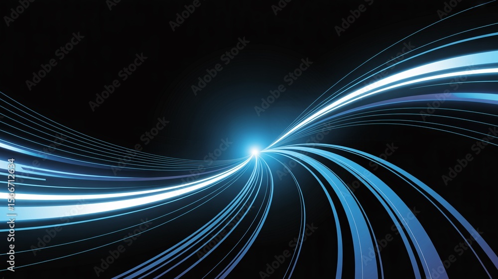 Poster abstract image of light trails curving across a dark background with a central bright light source
