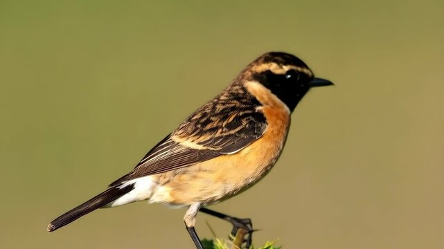 Colorful Whinchat Bird perched on a thorny branch against a smooth green background in natural lighting displaying intricate plumage patterns.