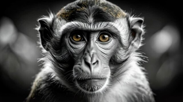 Close-up portrait of a monkey with intense gaze and monochrome coloration, focusing on details and facial expressions.