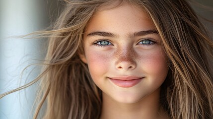 Obraz premium beautiful young girl with blue eyes and freckles smiling outdoors high resolution portrait