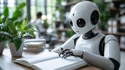 Fototapeta premium futuristic robot studying in modern library amidst green plants and natural light
