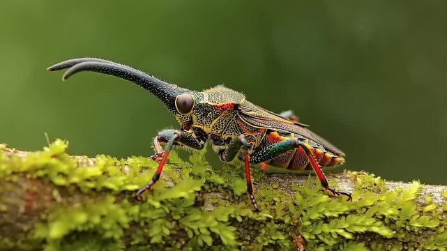 Colorful bug with a long curved rostrum sits atop mossy branch
