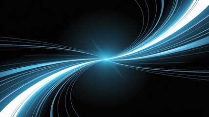 Abstract glowing blue light streaks converging on a central point against a black background