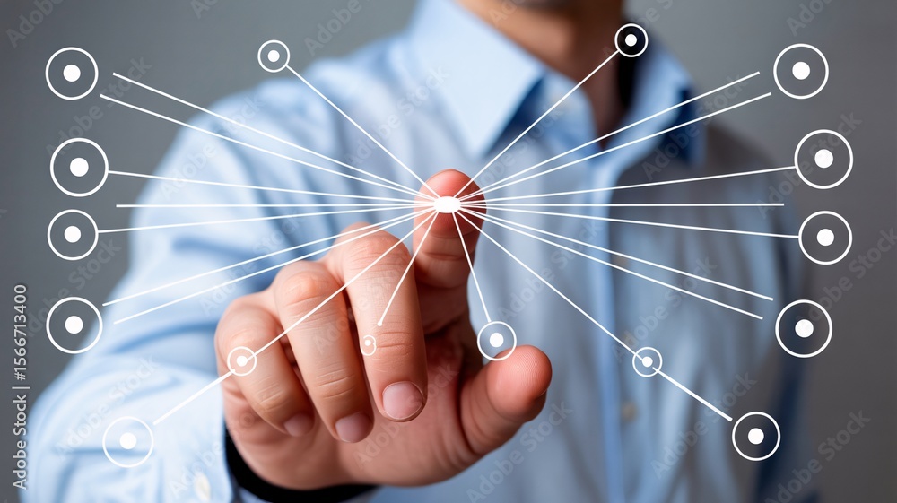 Poster a person touching a central point with lines extending to circles in a digital network concept view