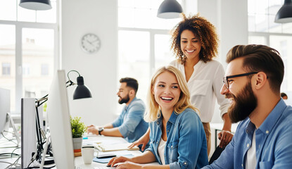 Happy Coworkers Working Together in a Modern Office