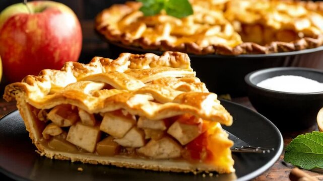 Close-up view of a slice of apple pie with lattice crust on a black plate, showcasing fresh apples, cinnamon sticks, mint garnish, with a whole pie visible in the background.