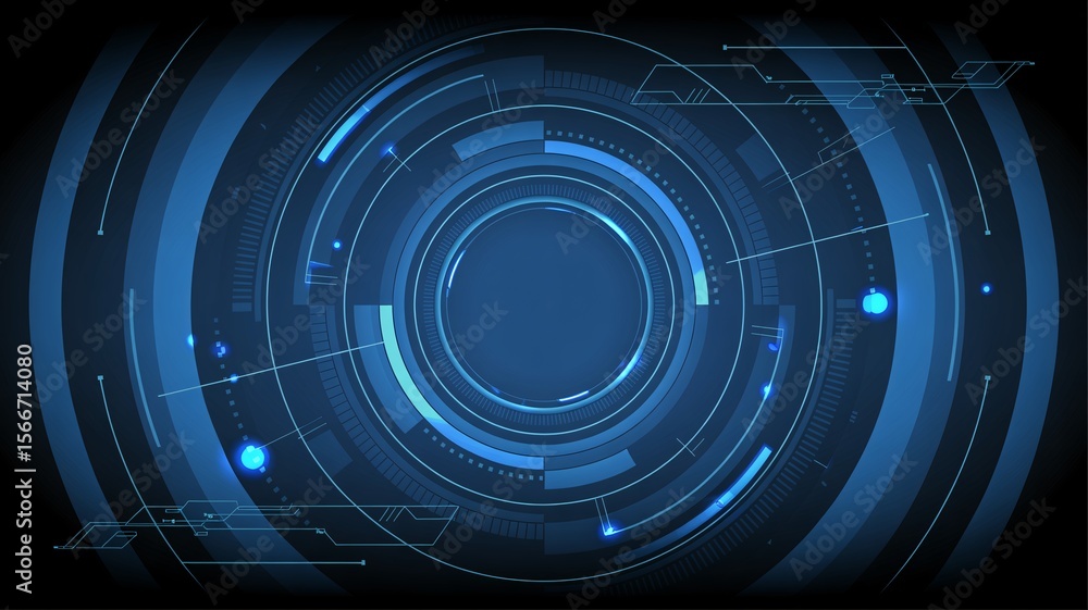 Poster abstract blue technology background with concentric circles and circuit board elements design concep