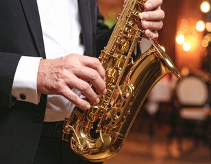 Obraz premium Close up photo of a saxophonist’s hand holding and playing a golden alto saxophone, suggesting a live jazz performance inside a cafe venue