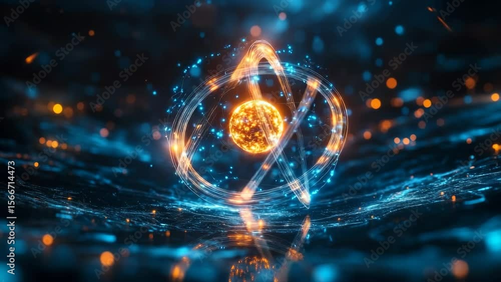 Poster futuristic atomic model visualization with dynamic particle effects for scientific research or digit