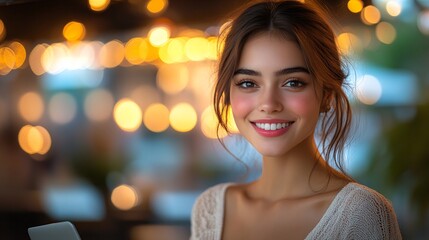 Obraz premium beautiful young woman smiling at sunset with bokeh lights in the background