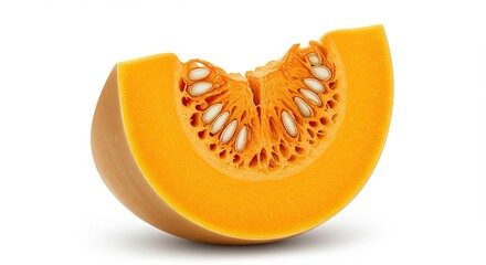 Slice of orange butternut squash with seeds isolated against white background