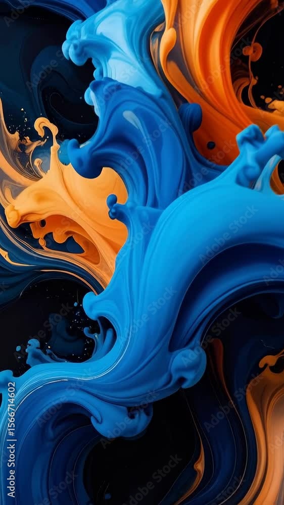 Poster dynamic paint splash effect in orange and blue hues against a dark backdrop, creating a vivid and ab