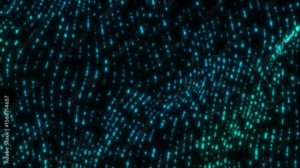 Poster abstract digital data wave with glowing particles and dynamic lines on a dark background, concept of