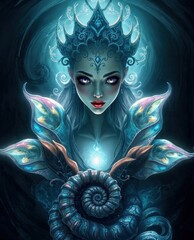 A captivating digital artwork of an ethereal aquatic queen, adorned in a crystalline, oceanic crown with bioluminescent jewels - AI Generated Digital Art