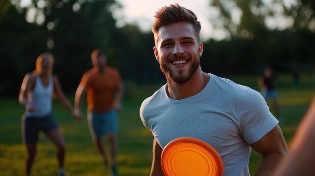 A man is smiling and holding an orange frisbee in a park